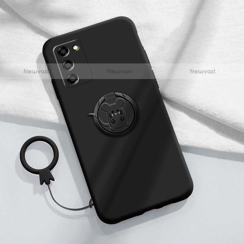 Ultra-thin Silicone Gel Soft Case Cover with Magnetic Finger Ring Stand for Oppo A55 5G Black