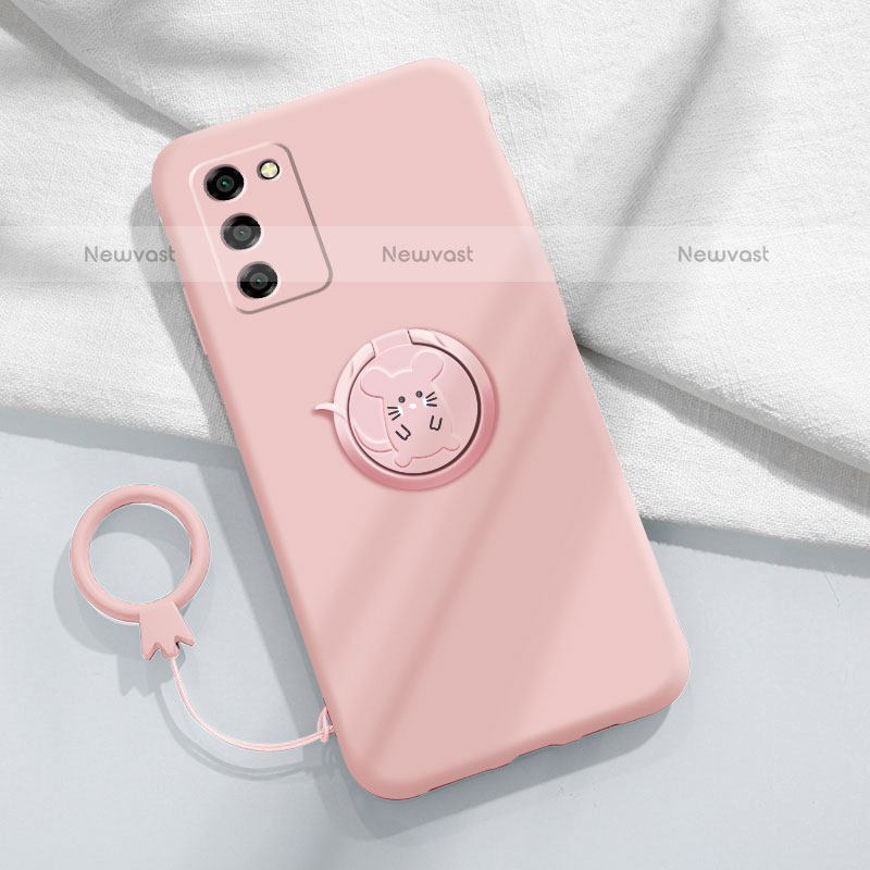 Ultra-thin Silicone Gel Soft Case Cover with Magnetic Finger Ring Stand for Oppo A55S 5G Pink