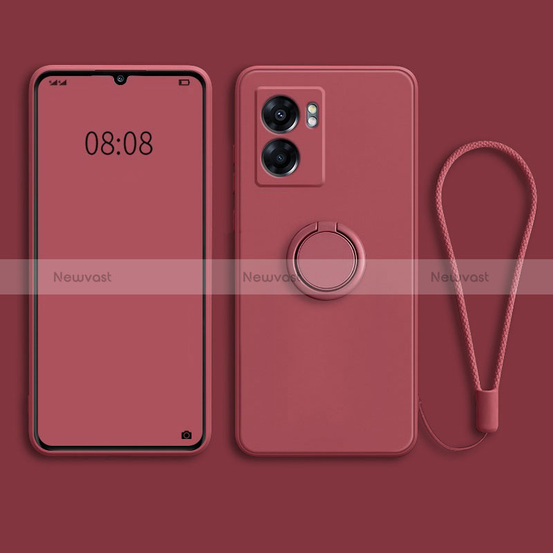 Ultra-thin Silicone Gel Soft Case Cover with Magnetic Finger Ring Stand for Oppo A57 5G Red