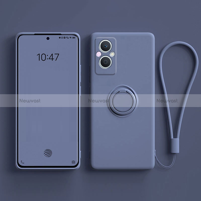 Ultra-thin Silicone Gel Soft Case Cover with Magnetic Finger Ring Stand for Oppo A96 5G Lavender Gray