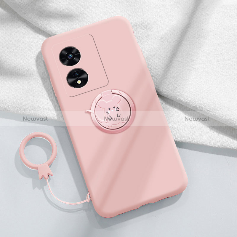 Ultra-thin Silicone Gel Soft Case Cover with Magnetic Finger Ring Stand for Oppo A97 5G Pink