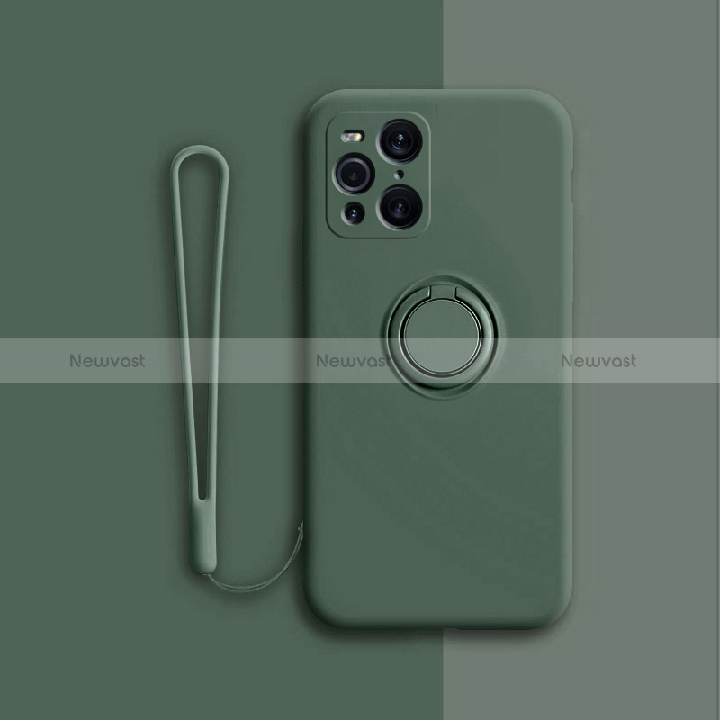 Ultra-thin Silicone Gel Soft Case Cover with Magnetic Finger Ring Stand for Oppo Find X3 5G Midnight Green