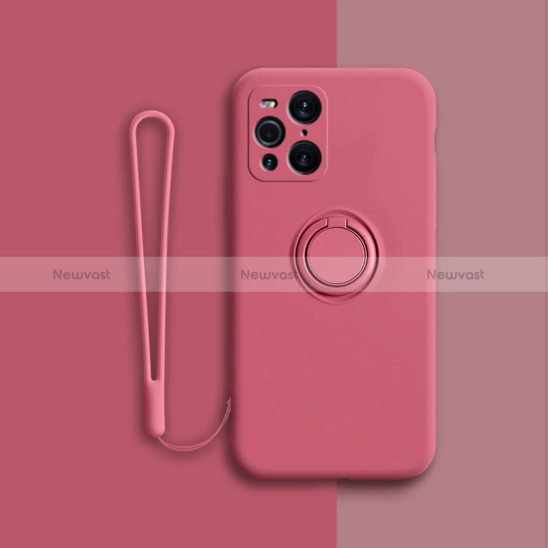 Ultra-thin Silicone Gel Soft Case Cover with Magnetic Finger Ring Stand for Oppo Find X3 5G Red