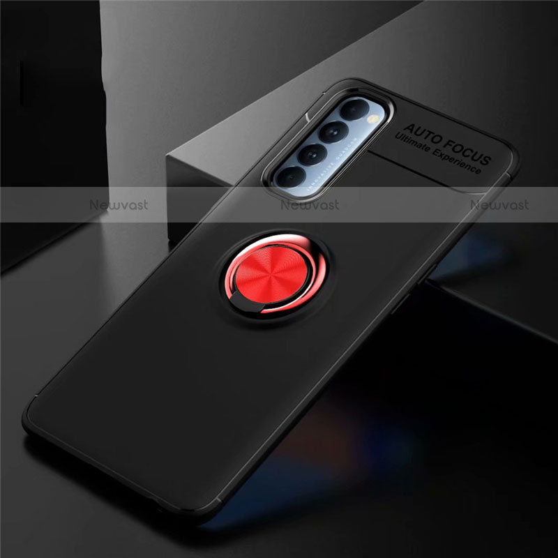 Ultra-thin Silicone Gel Soft Case Cover with Magnetic Finger Ring Stand for Oppo Reno4 Pro 4G Red and Black