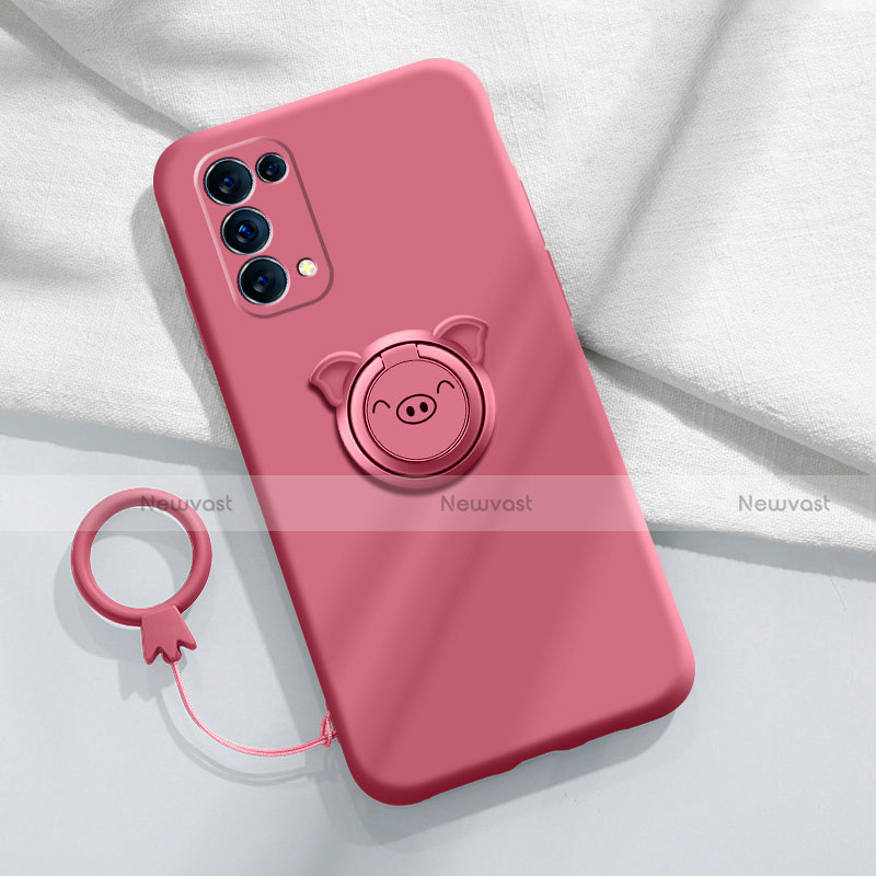 Ultra-thin Silicone Gel Soft Case Cover with Magnetic Finger Ring Stand for Oppo Reno5 Pro 5G Red Wine