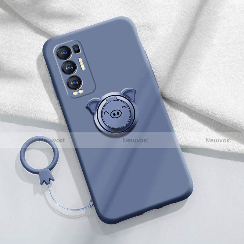 Ultra-thin Silicone Gel Soft Case Cover with Magnetic Finger Ring Stand for Oppo Reno5 Pro+ Plus 5G Lavender Gray