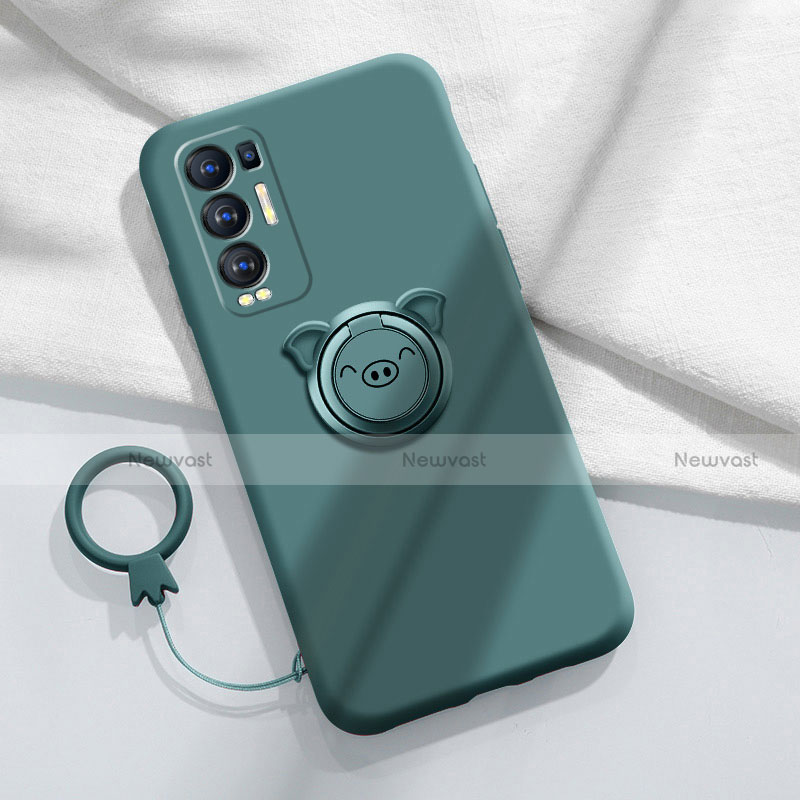 Ultra-thin Silicone Gel Soft Case Cover with Magnetic Finger Ring Stand for Oppo Reno5 Pro+ Plus 5G Midnight Green