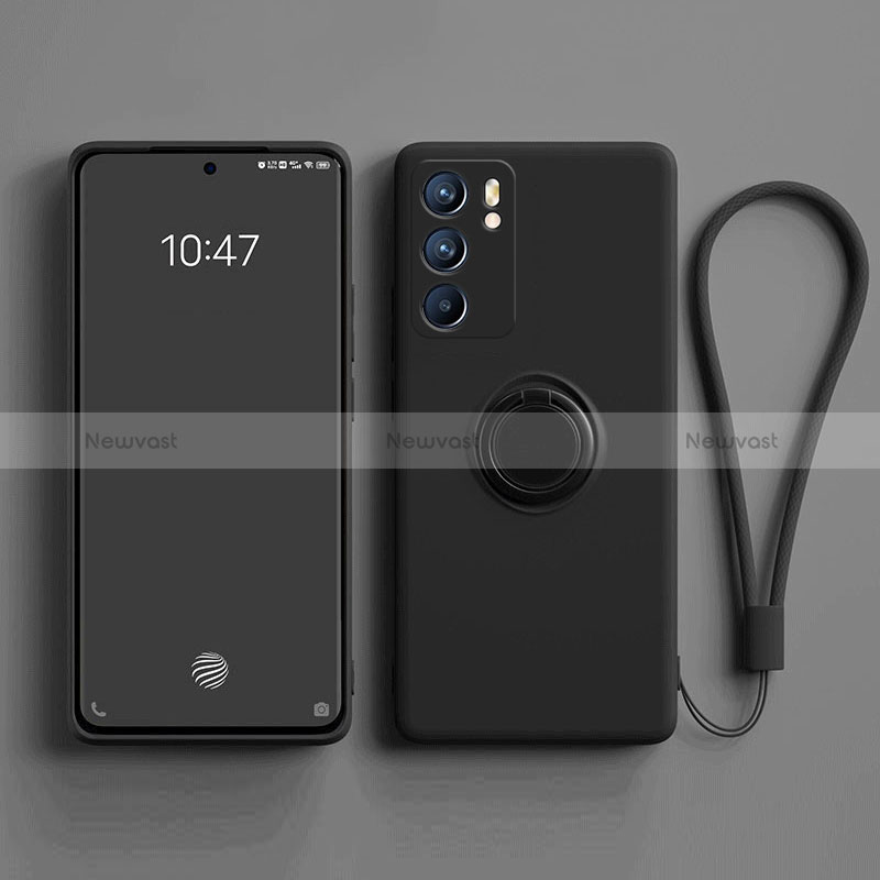 Ultra-thin Silicone Gel Soft Case Cover with Magnetic Finger Ring Stand for Oppo Reno6 5G Black