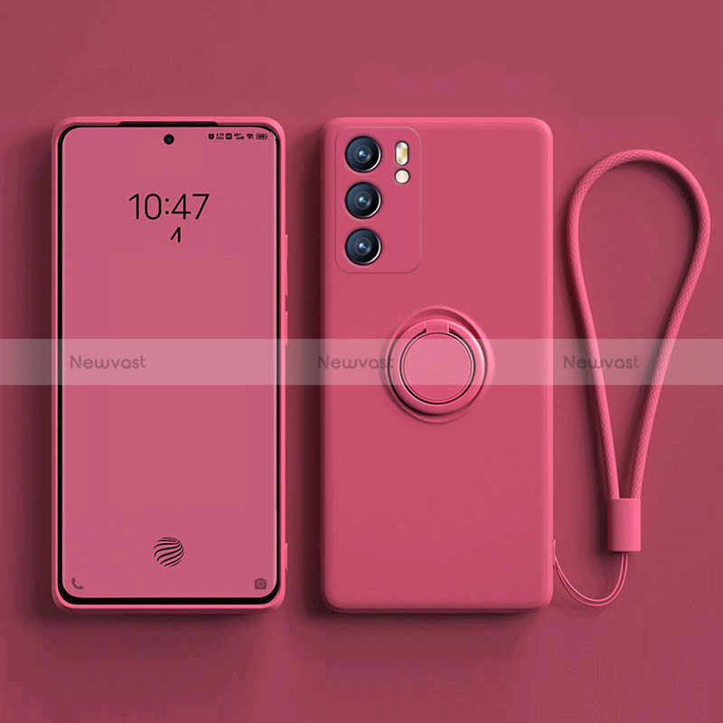 Ultra-thin Silicone Gel Soft Case Cover with Magnetic Finger Ring Stand for Oppo Reno6 5G Hot Pink