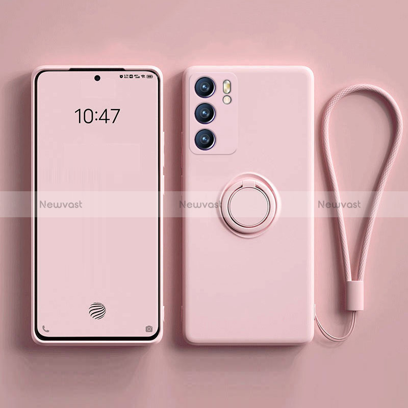 Ultra-thin Silicone Gel Soft Case Cover with Magnetic Finger Ring Stand for Oppo Reno6 5G Pink