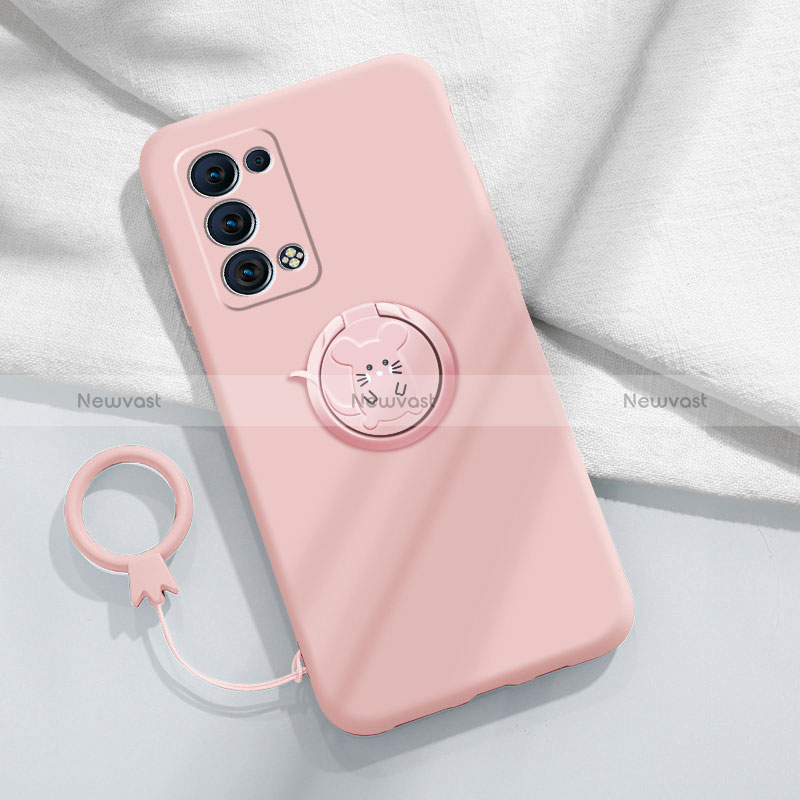 Ultra-thin Silicone Gel Soft Case Cover with Magnetic Finger Ring Stand for Oppo Reno6 Pro 5G Pink