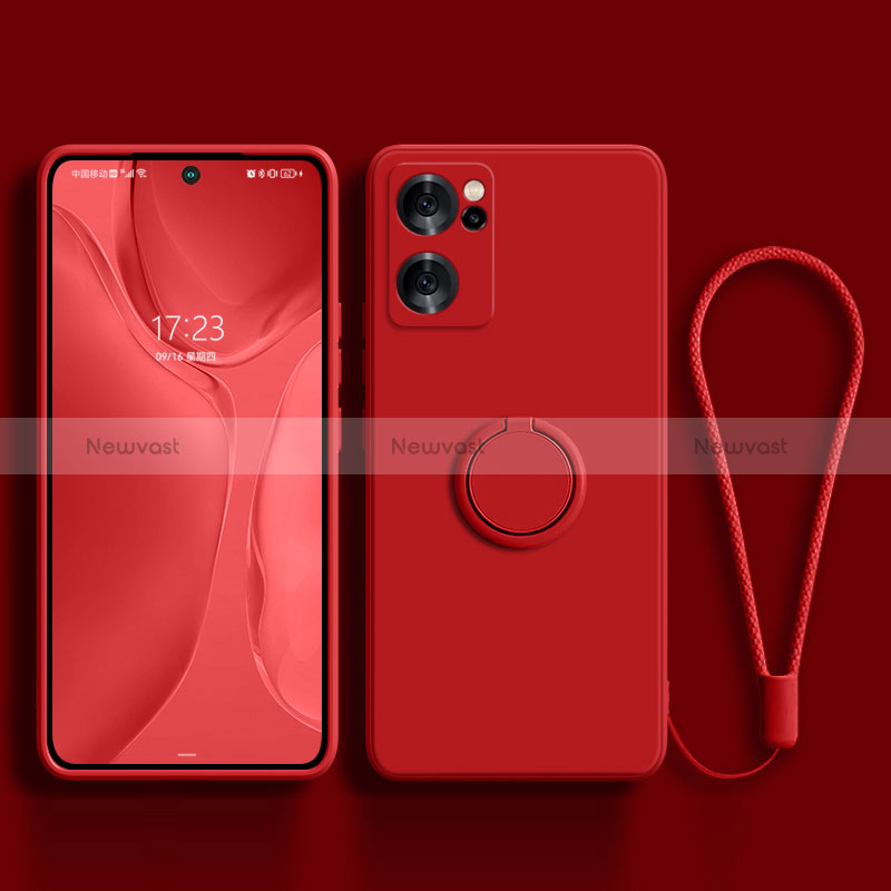 Ultra-thin Silicone Gel Soft Case Cover with Magnetic Finger Ring Stand for Oppo Reno7 SE 5G Red