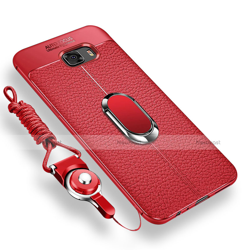 Ultra-thin Silicone Gel Soft Case Cover with Magnetic Finger Ring Stand for Samsung Galaxy C9 Pro C9000 Red