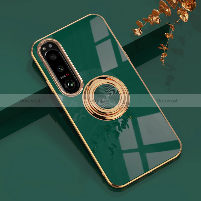 Ultra-thin Silicone Gel Soft Case Cover with Magnetic Finger Ring Stand for Sony Xperia 1 IV Green