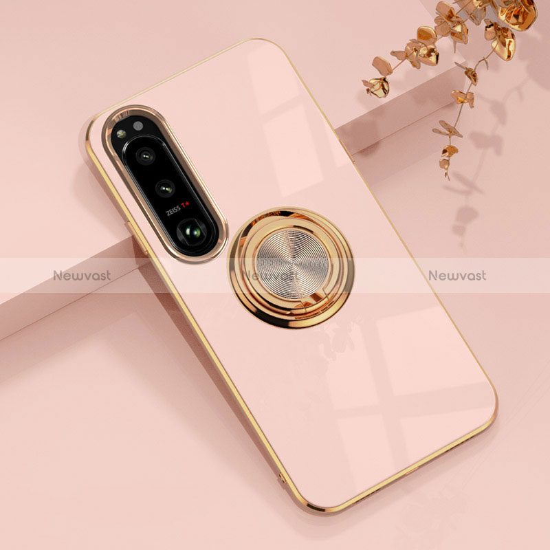 Ultra-thin Silicone Gel Soft Case Cover with Magnetic Finger Ring Stand for Sony Xperia 1 IV Pink