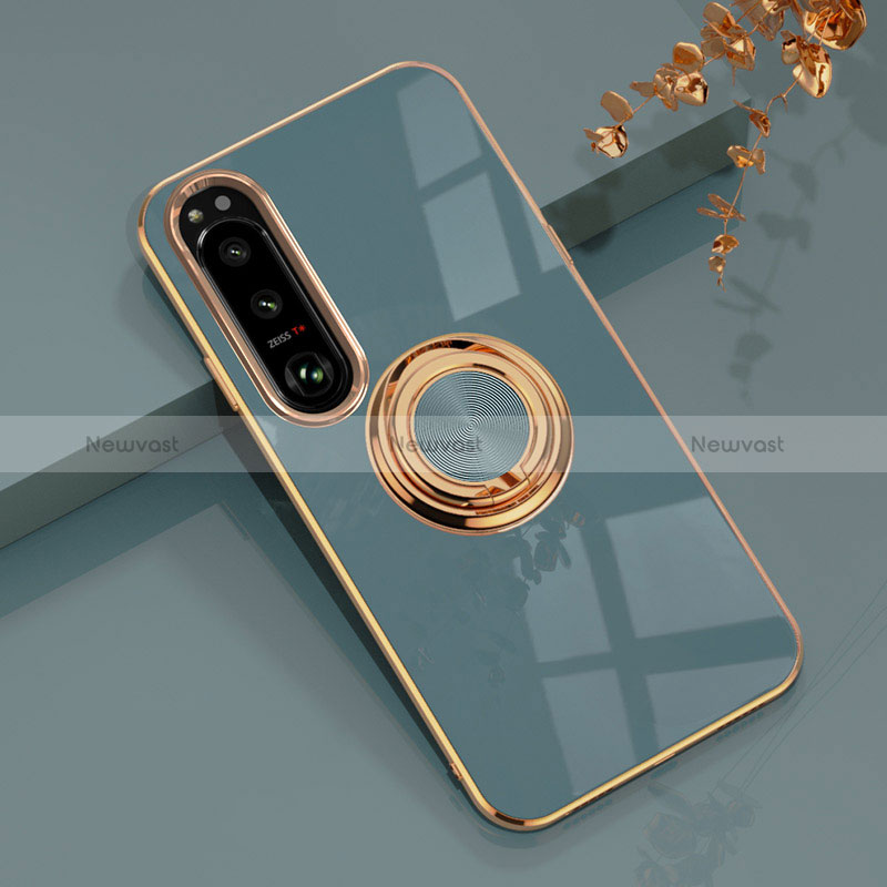 Ultra-thin Silicone Gel Soft Case Cover with Magnetic Finger Ring Stand for Sony Xperia 1 IV SO-51C Lavender Gray