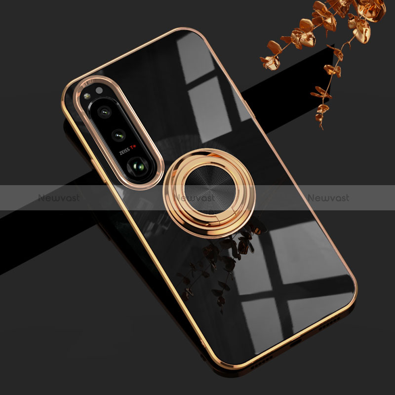 Ultra-thin Silicone Gel Soft Case Cover with Magnetic Finger Ring Stand for Sony Xperia 10 IV Black