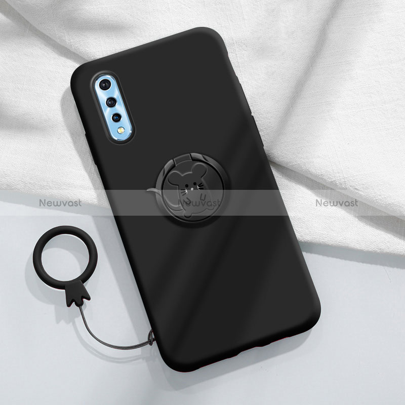 Ultra-thin Silicone Gel Soft Case Cover with Magnetic Finger Ring Stand for Vivo Y7s Black