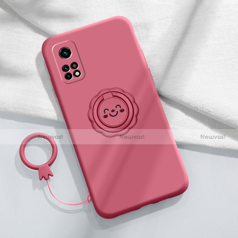 Ultra-thin Silicone Gel Soft Case Cover with Magnetic Finger Ring Stand for Xiaomi Mi 10T Pro 5G Red Wine