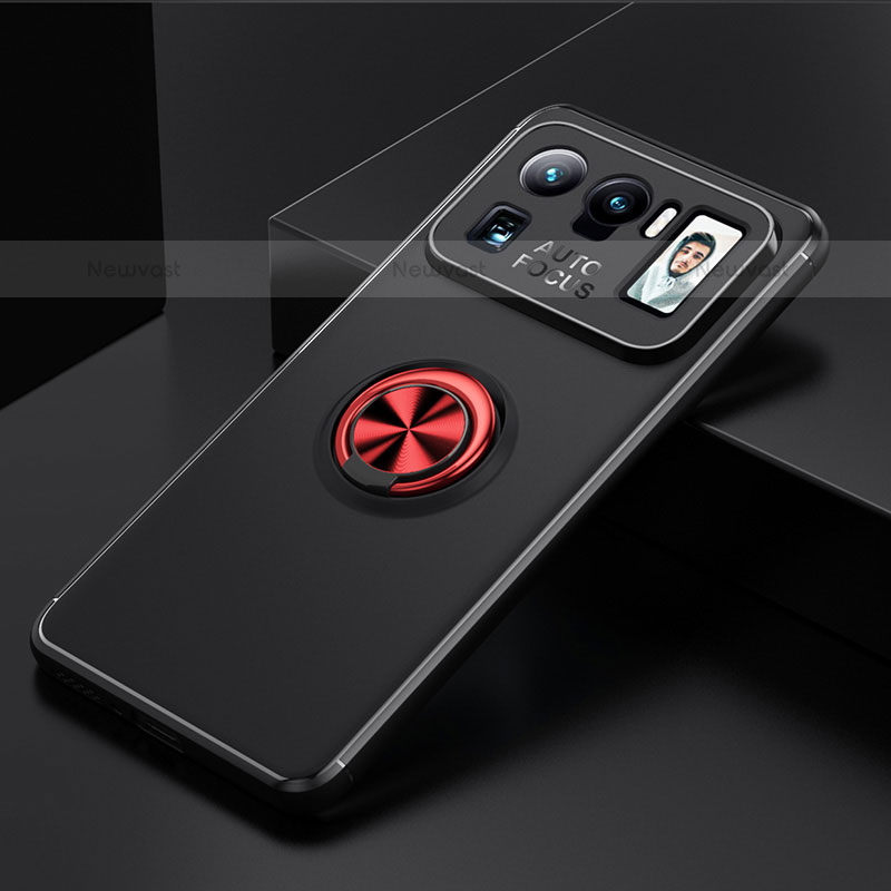 Ultra-thin Silicone Gel Soft Case Cover with Magnetic Finger Ring Stand for Xiaomi Mi 11 Ultra 5G Red and Black