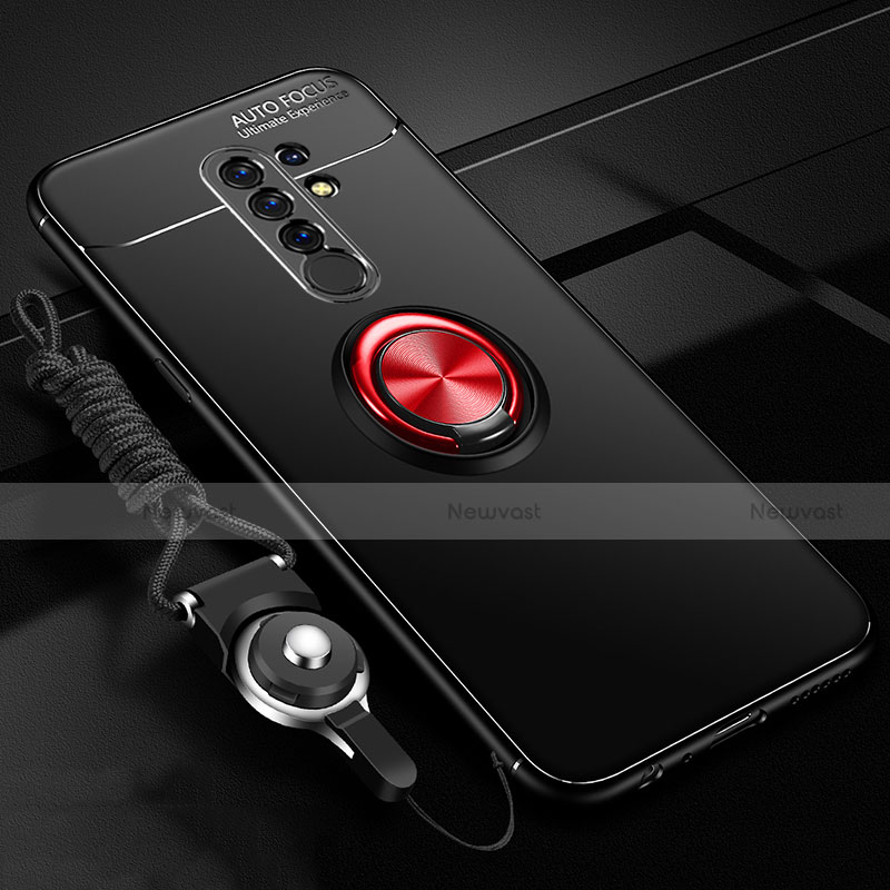 Ultra-thin Silicone Gel Soft Case Cover with Magnetic Finger Ring Stand for Xiaomi Redmi 9 Prime India Red and Black