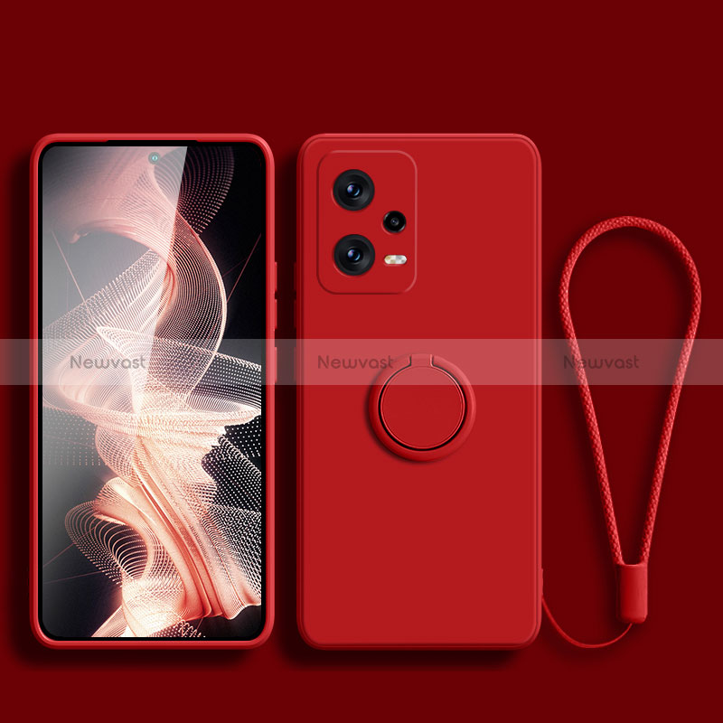 Ultra-thin Silicone Gel Soft Case Cover with Magnetic Finger Ring Stand for Xiaomi Redmi Note 12 Pro 5G Red