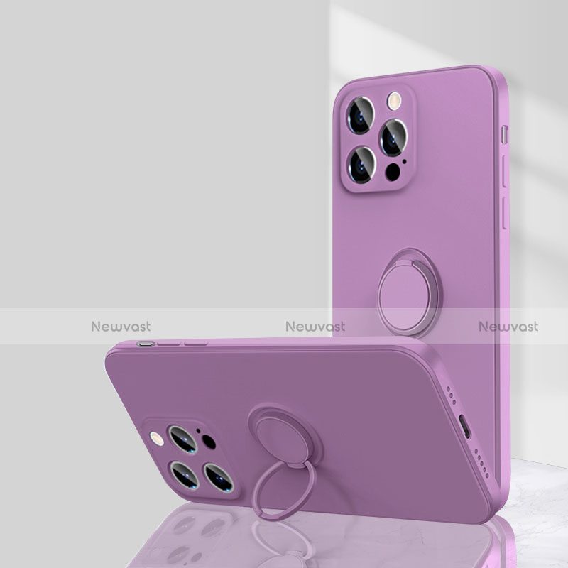 Ultra-thin Silicone Gel Soft Case Cover with Magnetic Finger Ring Stand G01 for Apple iPhone 13 Pro Purple