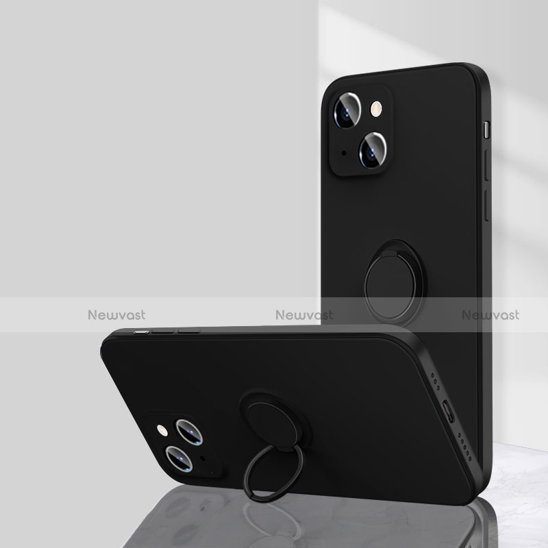 Ultra-thin Silicone Gel Soft Case Cover with Magnetic Finger Ring Stand G01 for Apple iPhone 15 Black