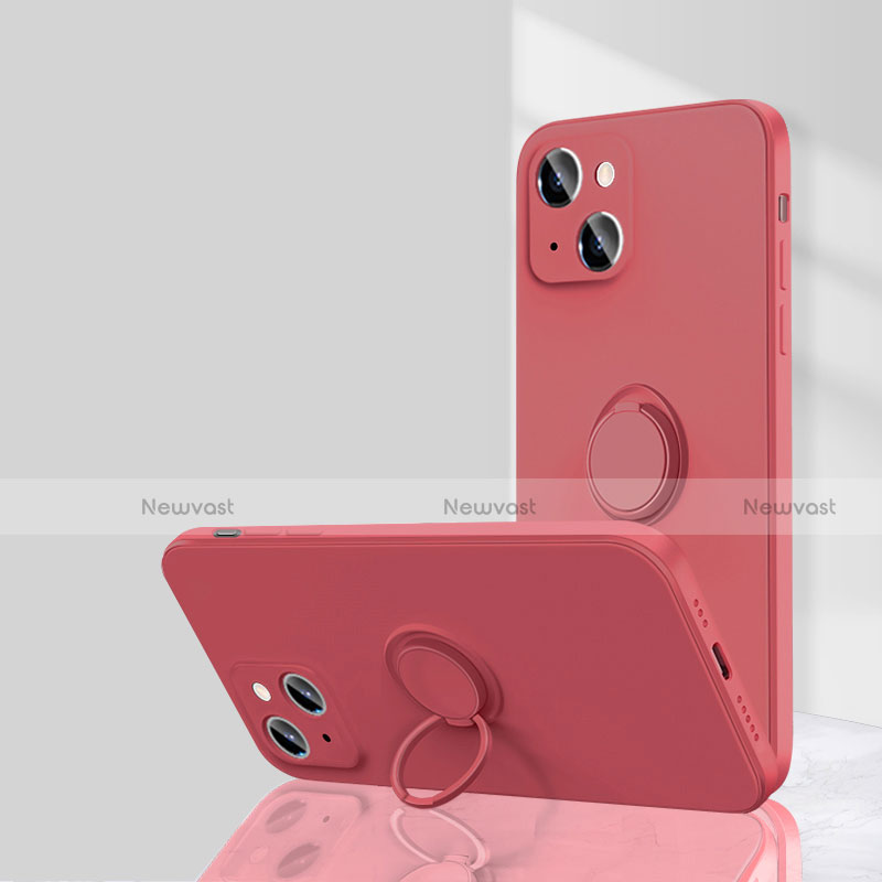 Ultra-thin Silicone Gel Soft Case Cover with Magnetic Finger Ring Stand G01 for Apple iPhone 15 Red