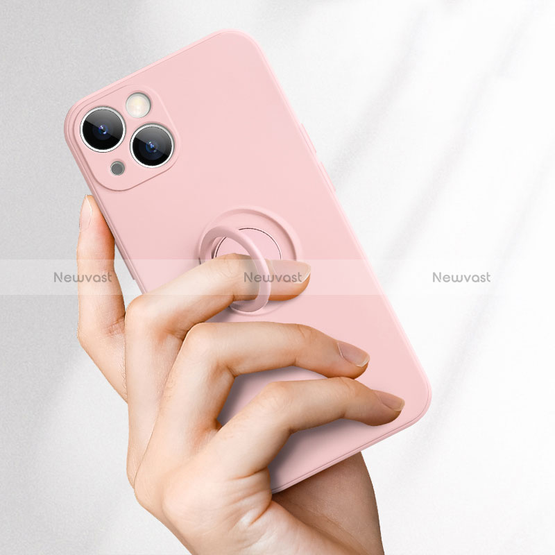 Ultra-thin Silicone Gel Soft Case Cover with Magnetic Finger Ring Stand G02 for Apple iPhone 15 Plus