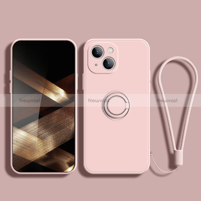 Ultra-thin Silicone Gel Soft Case Cover with Magnetic Finger Ring Stand G02 for Apple iPhone 15 Plus Rose Gold