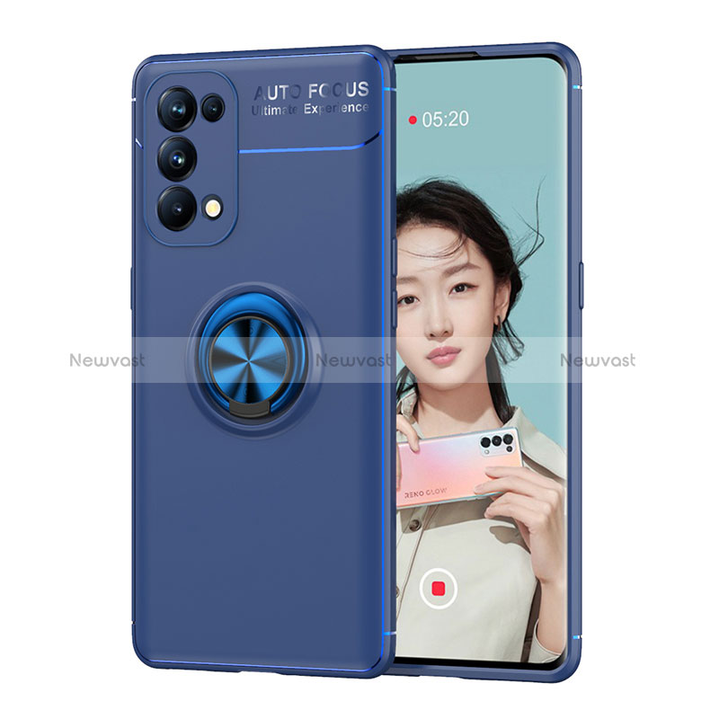 Ultra-thin Silicone Gel Soft Case Cover with Magnetic Finger Ring Stand JM1 for Oppo A74 5G Blue