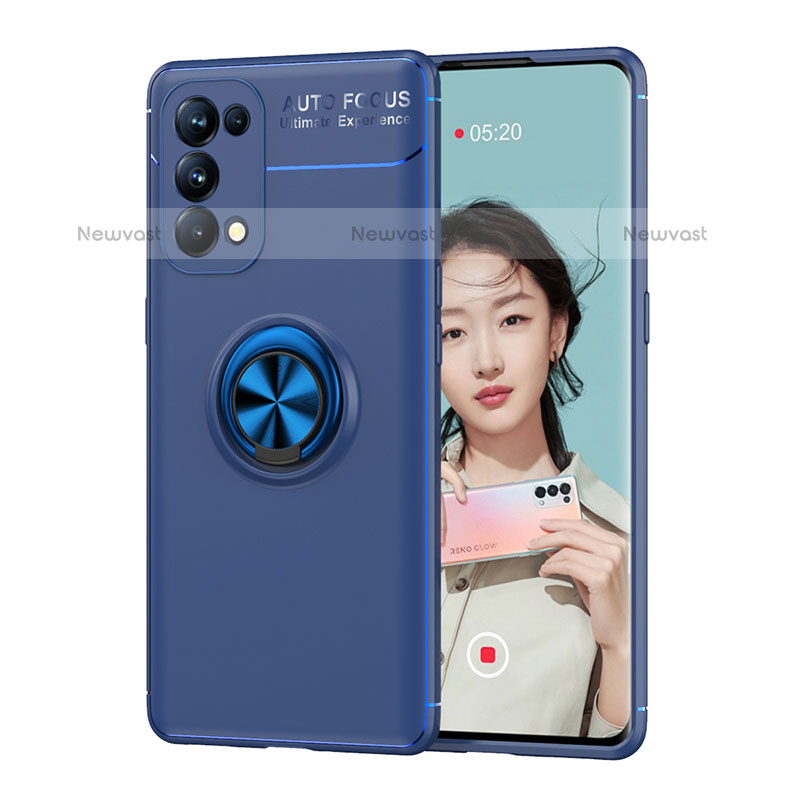 Ultra-thin Silicone Gel Soft Case Cover with Magnetic Finger Ring Stand JM1 for Oppo A93 5G Blue