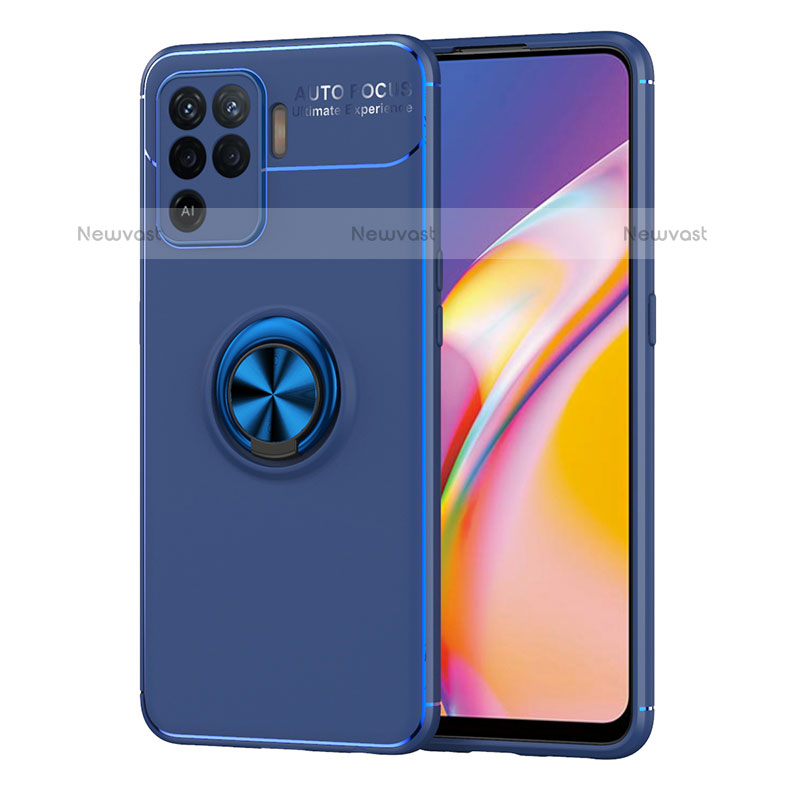 Ultra-thin Silicone Gel Soft Case Cover with Magnetic Finger Ring Stand JM1 for Oppo F19 Pro Blue