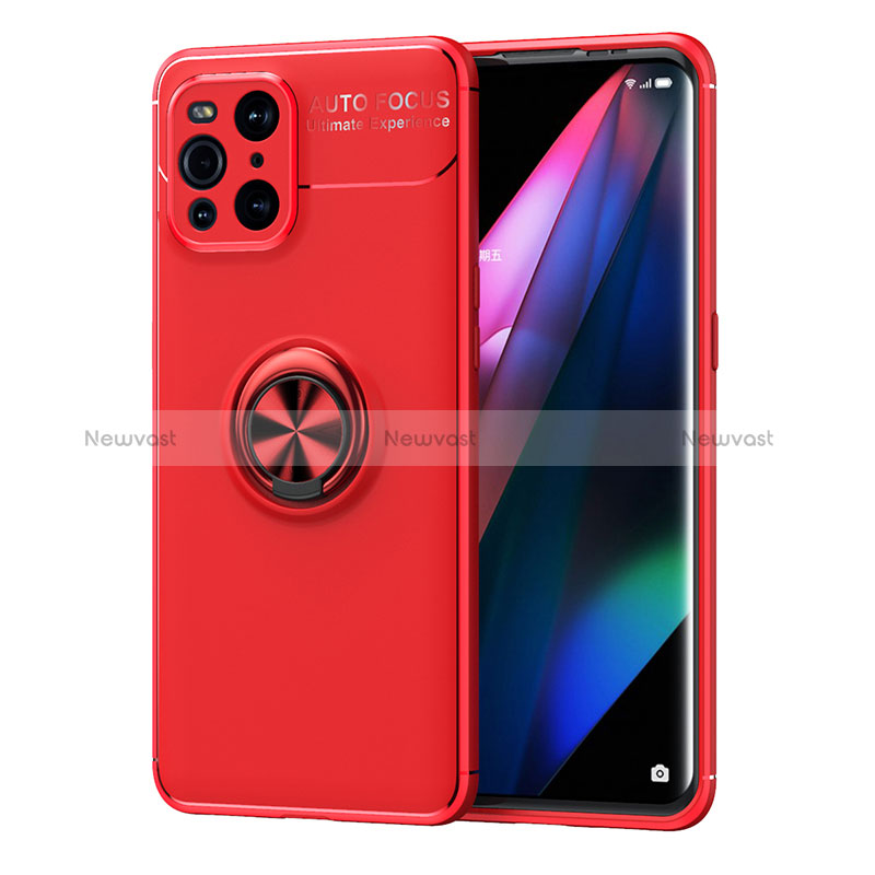 Ultra-thin Silicone Gel Soft Case Cover with Magnetic Finger Ring Stand JM1 for Oppo Find X3 5G Red