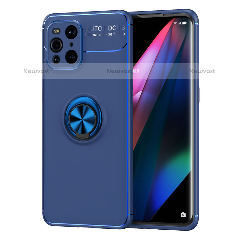 Ultra-thin Silicone Gel Soft Case Cover with Magnetic Finger Ring Stand JM1 for Oppo Find X3 Pro 5G Blue