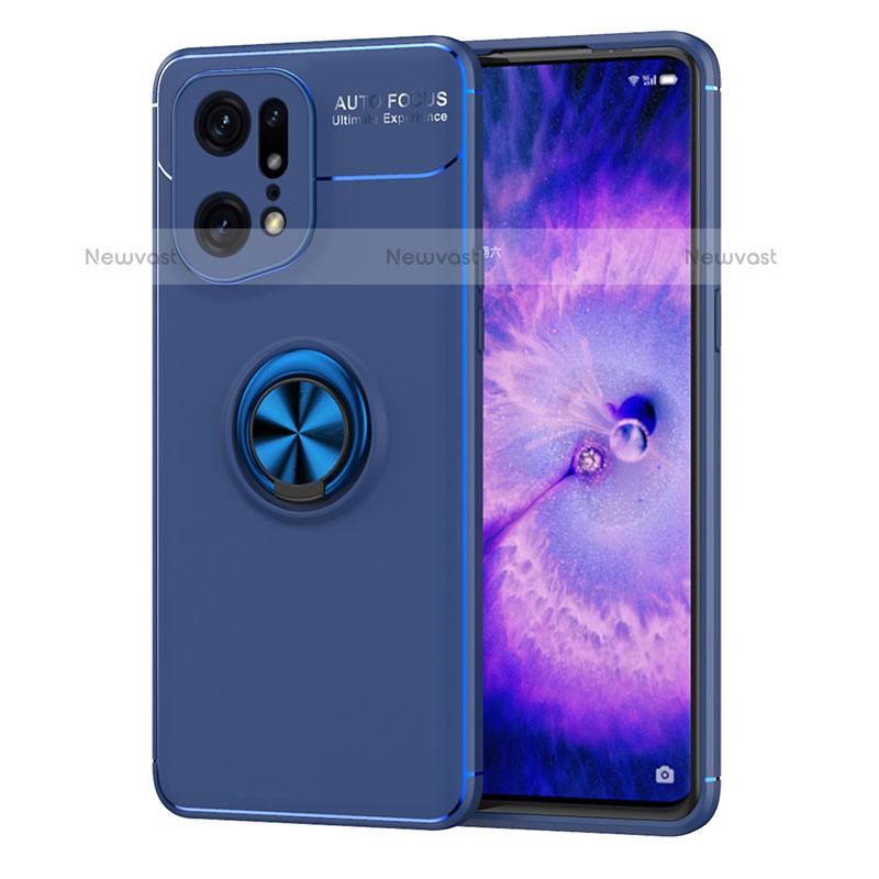 Ultra-thin Silicone Gel Soft Case Cover with Magnetic Finger Ring Stand JM1 for Oppo Find X5 Pro 5G Blue