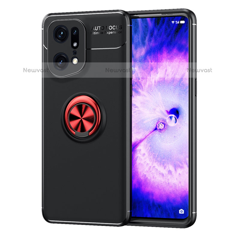 Ultra-thin Silicone Gel Soft Case Cover with Magnetic Finger Ring Stand JM1 for Oppo Find X5 Pro 5G Red and Black