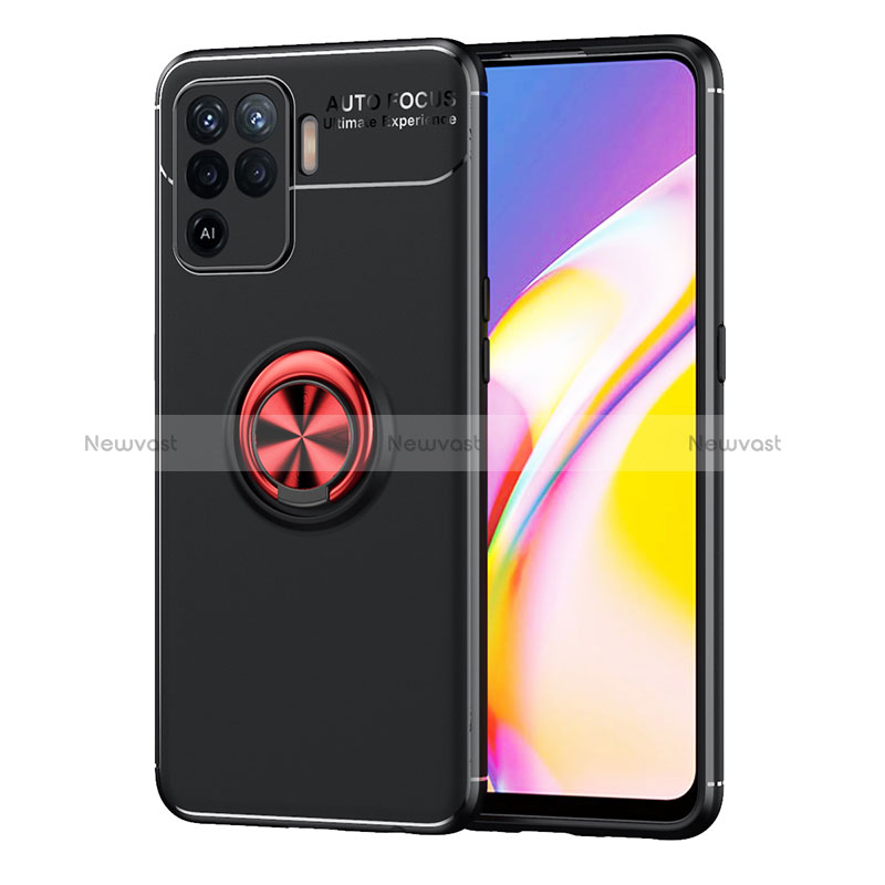 Ultra-thin Silicone Gel Soft Case Cover with Magnetic Finger Ring Stand JM1 for Oppo Reno5 F Red and Black