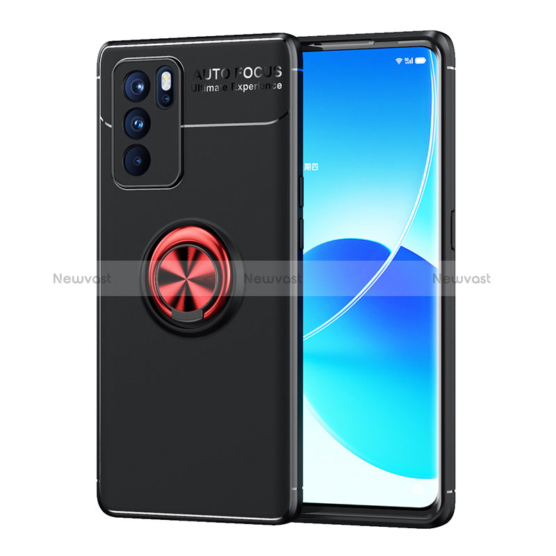 Ultra-thin Silicone Gel Soft Case Cover with Magnetic Finger Ring Stand JM1 for Oppo Reno6 Pro 5G India Red and Black