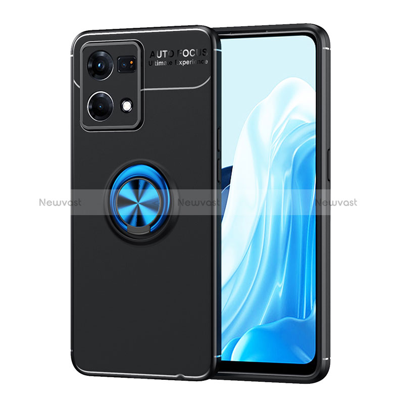 Ultra-thin Silicone Gel Soft Case Cover with Magnetic Finger Ring Stand JM1 for Oppo Reno8 4G Blue and Black