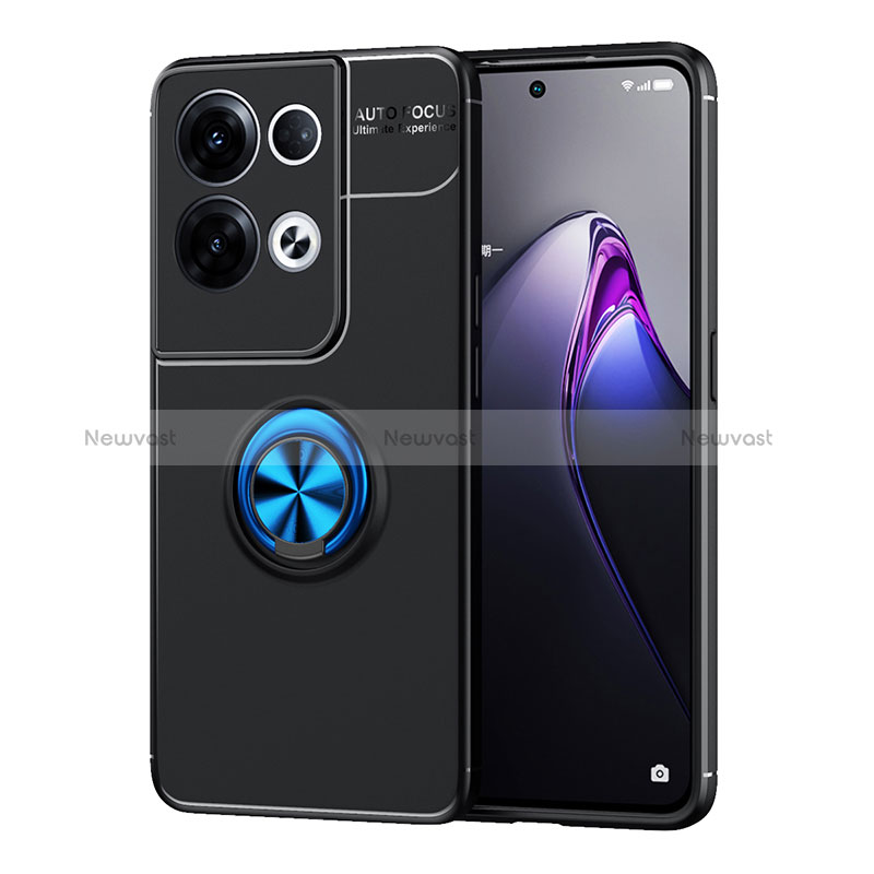 Ultra-thin Silicone Gel Soft Case Cover with Magnetic Finger Ring Stand JM1 for Oppo Reno8 5G Blue and Black