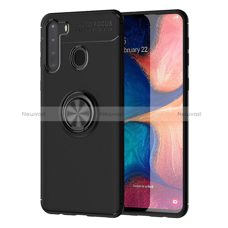 Ultra-thin Silicone Gel Soft Case Cover with Magnetic Finger Ring Stand JM1 for Samsung Galaxy A21 Black