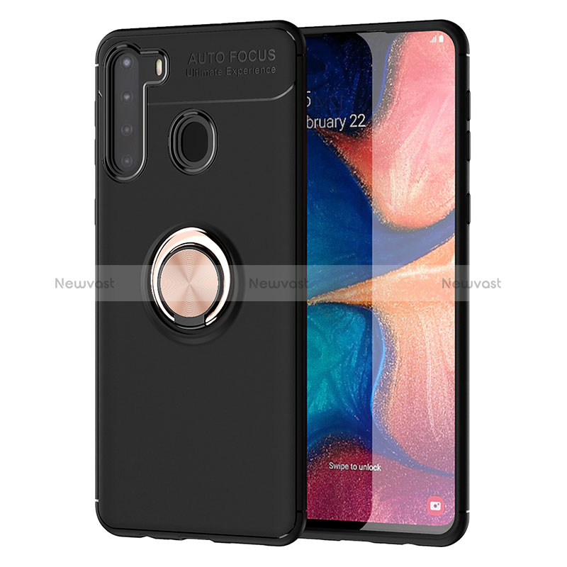 Ultra-thin Silicone Gel Soft Case Cover with Magnetic Finger Ring Stand JM1 for Samsung Galaxy A21 Gold and Black