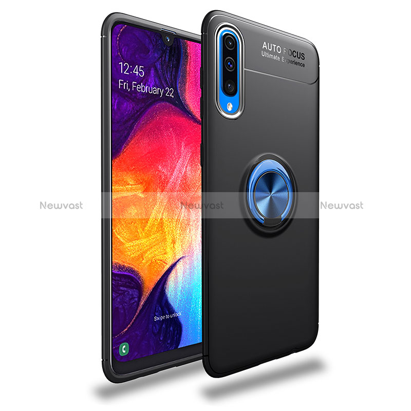 Ultra-thin Silicone Gel Soft Case Cover with Magnetic Finger Ring Stand JM1 for Samsung Galaxy A30S Blue and Black