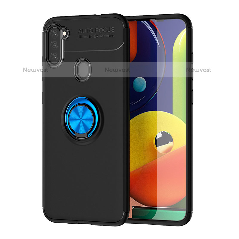 Ultra-thin Silicone Gel Soft Case Cover with Magnetic Finger Ring Stand JM1 for Samsung Galaxy M11 Blue and Black