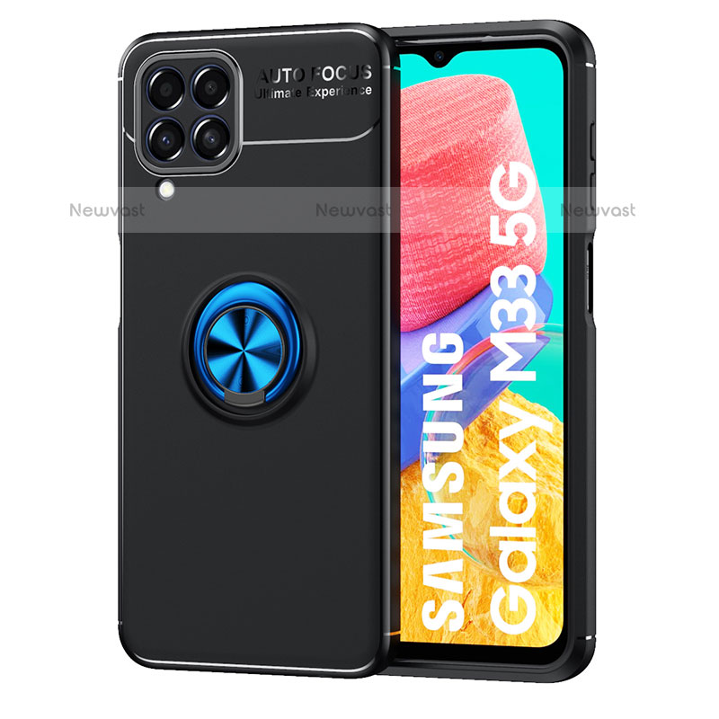 Ultra-thin Silicone Gel Soft Case Cover with Magnetic Finger Ring Stand JM1 for Samsung Galaxy M33 5G Blue and Black