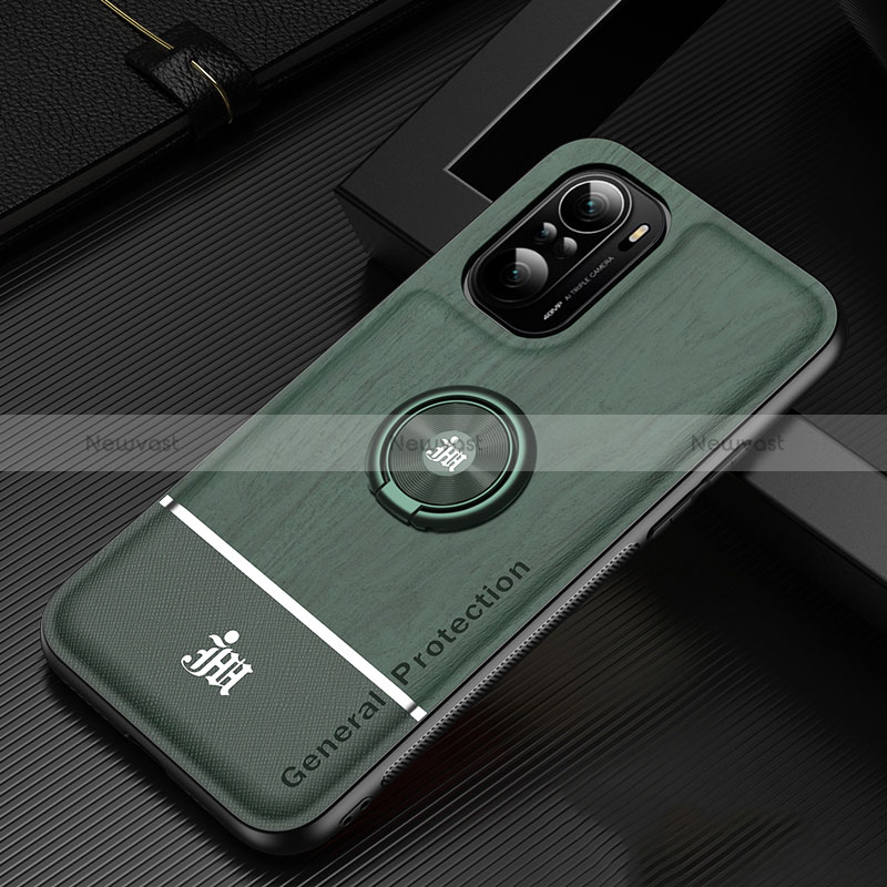 Ultra-thin Silicone Gel Soft Case Cover with Magnetic Finger Ring Stand JM1 for Xiaomi Poco F3 5G Green