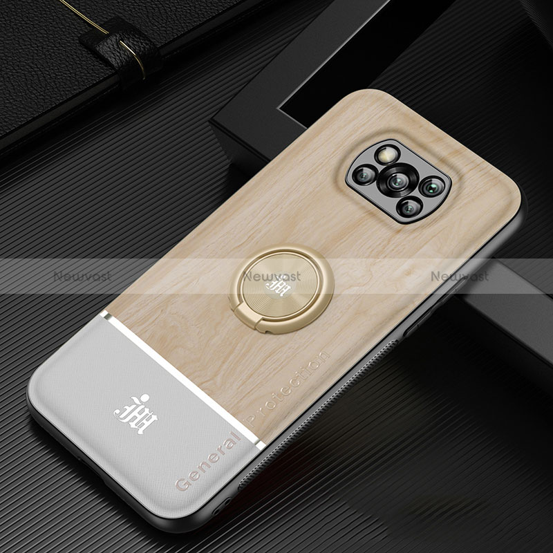 Ultra-thin Silicone Gel Soft Case Cover with Magnetic Finger Ring Stand JM1 for Xiaomi Poco X3 NFC Gold