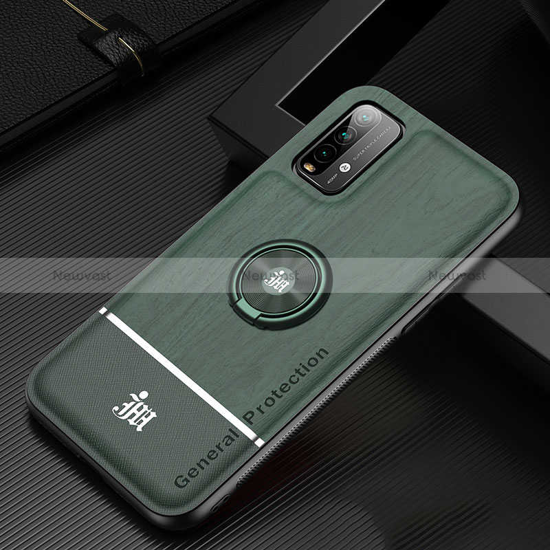 Ultra-thin Silicone Gel Soft Case Cover with Magnetic Finger Ring Stand JM1 for Xiaomi Redmi 9 Power Green